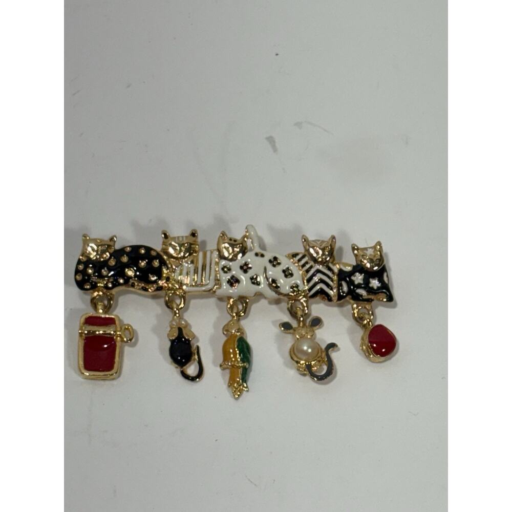 Vintage ANGEL Signed Multicolor Enamel Cats Dangle Gold Tone Cat Brooch Pin 2.5"